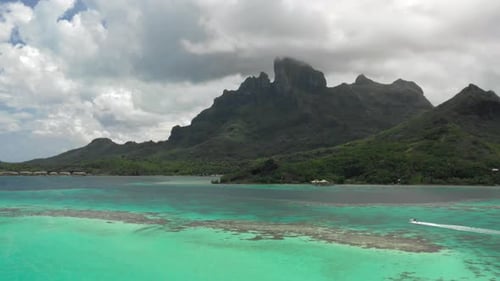 Aerial view of mountain and lagoon in Bora Bora, French Polynesia.