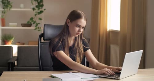 Tired Blonde Student Young Business Woman Freelancer Office Worker Typing on Computer Finishes Work