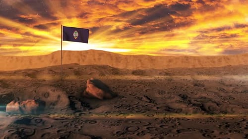Waving Flag on Alien Planet with Epic Sunset