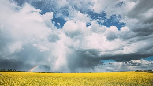 Dramatic Sky With Rain Clouds On Horizon Above Rural Landscape Field Meadow