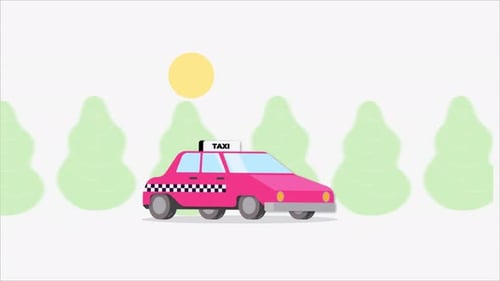 Animated Flat Design Pink Taxi Car Driving Motion Graphic