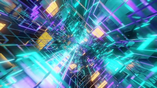 Abstract looped background tunnel. Glowing, multi-colored geometric shapes