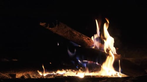 Flickering Flames of Burning Campfire at Night
