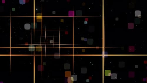 Abstract Geometric Grid Tunnel with Colorful Glowing Squares Background