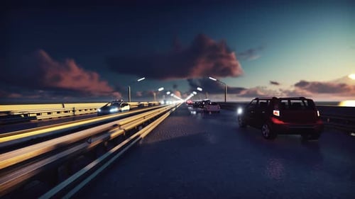 Animated Night Traffic on a Modern Highway Bridge