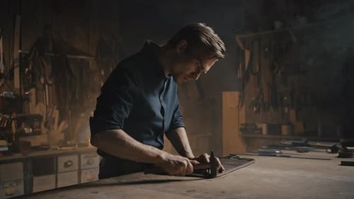 Craftsman Finishing Case for Tools at Workshop Beating Off Seams of Handmade Leather Product