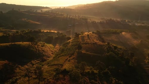 4K Aerial view of Mountains landscape with morning fog.