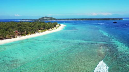 Aerial top view panorama of tropical coastline beach voyage by aqua blue lagoon with white sandy bac