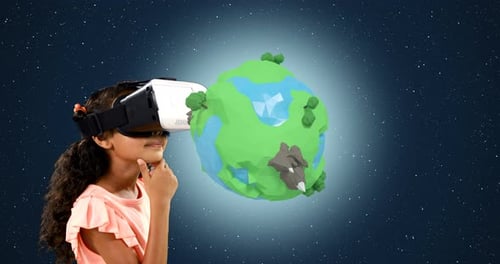 Girl Wearing VR Headset Exploring Virtual Planet