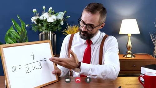 Professor-teacher in casual wear teaching mathematics pass live video conference call online
