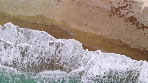 Powerful Waves Crashing on Deserted Sandy Beach, Top View