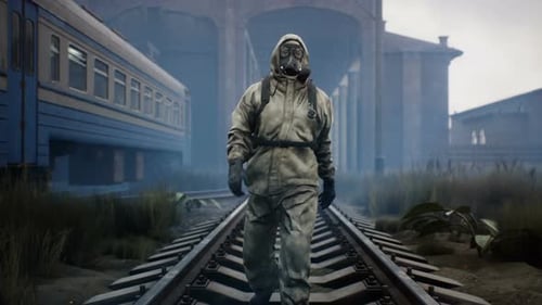 Ein Stalker geht entlang Eisenbahnschienen