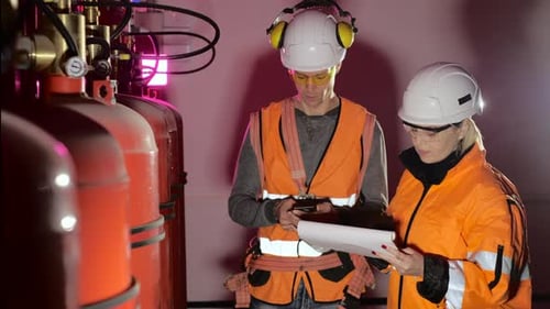 Engineers Inspecting Industrial Equipment in Factory Room