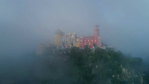 Aerial View of Pena Palace in Fog Portugal