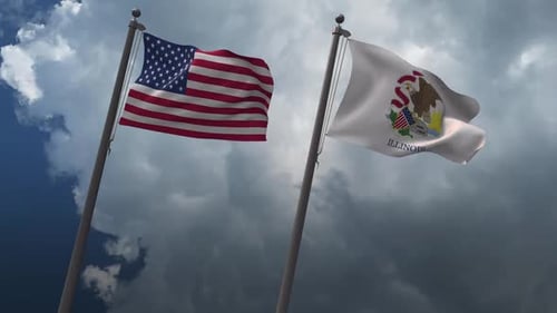 Waving USA and Illinois State Flags with Cloudy Sky Background