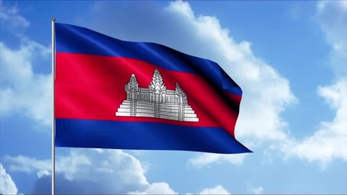 Waving Cambodia Flag Against Blue Sky Background Animation