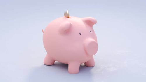 The happy cartoon piggy bank is full of money. Ready to pull out the deposit.