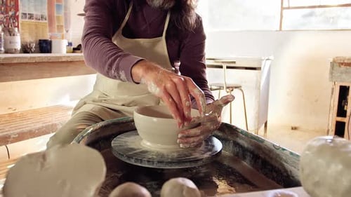 Potter Shapes Clay on Pottery Wheel in Studio