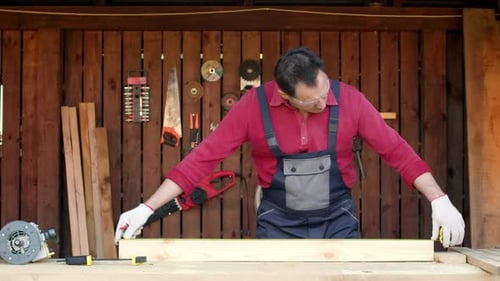 Carpenter in Workshop Marks Out Details of Furniture with Measuring Tape