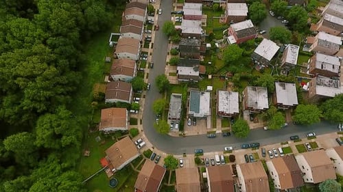 Aerial View Establishing Shot of American Neighborhood,, Suburb. Real Estate, Drone Shots, Top View