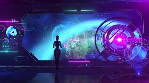 Futuristic Robot Interacting with Holographic Earth Display