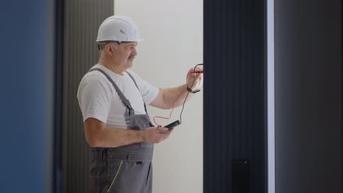 Electrician Testing Wires with a Digital Device Indoors