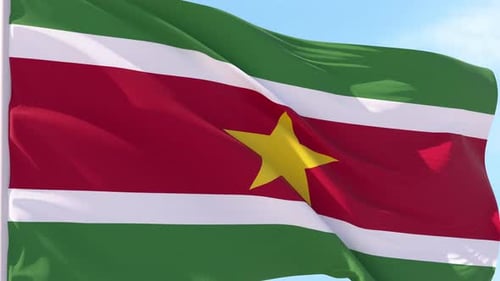 Suriname Flag Waving Loop Against Blue Sky