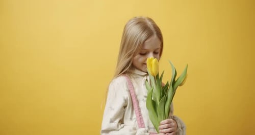 Smiling Child Smelling Yellow Tulips on Yellow Background