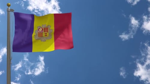 Andorra National Flag Waving Seamlessly on Pole with Blue Sky Background