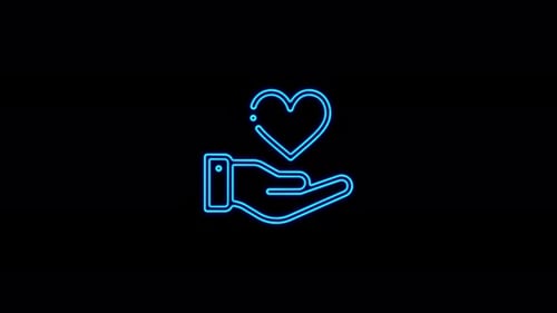Neon line Heart on hand icon isolated on black background. Hand giving love symbol.