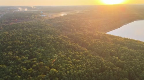 Aerial Lake in Flying a Drone Over the Lake on Green Forest