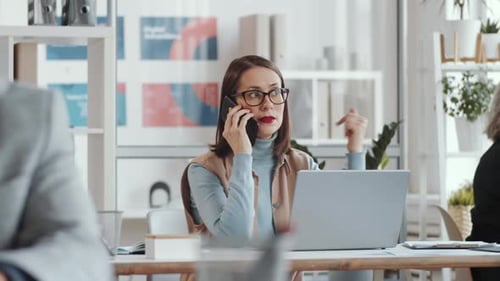 Businesswoman Talking on Phone at Desk in Open Space Office