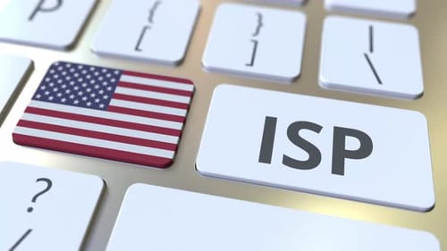 Internet Service Provider Text and Flag of the USA on the Keyboard