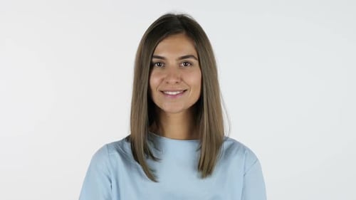 Smiling Beautiful Young Desinger Girl, White Background in Studio