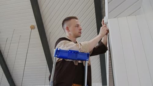 Young Adult Man Working on a Ladder