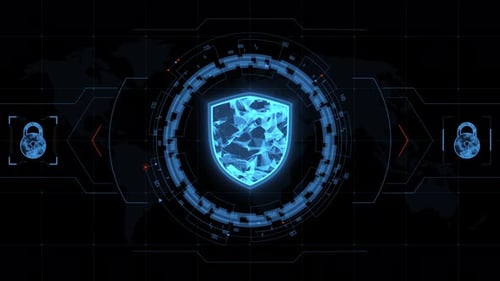 Futuristic Digital HUD Interface with Shield and Padlock Icons