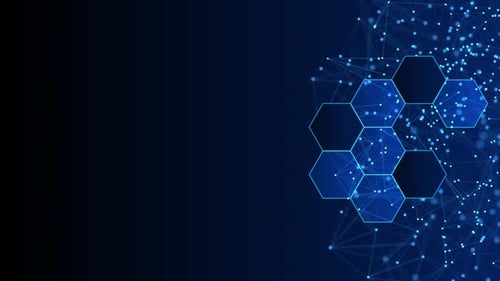 Abstract Digital Network with Connected Hexagons and Glowing Particles