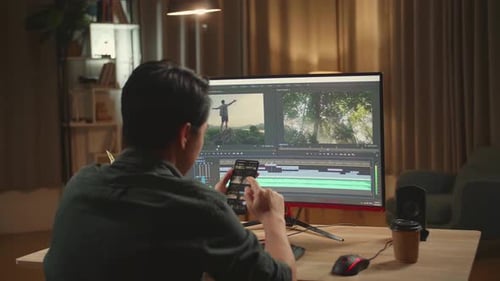 Editor de Vídeo Masculino Asiático Trabaja Y Usa El Teléfono Móvil Con Su Ordenador Personal