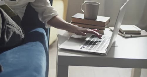 Woman Works at Home on Computer and Paperwork