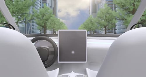 Videospiel-Simulationsbildschirm zeigt das Autocockpit beim Fahren durch die Straßen