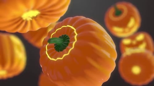 Floating Glowing 3D Halloween Jack-o-Lanterns and Pumpkins Loop