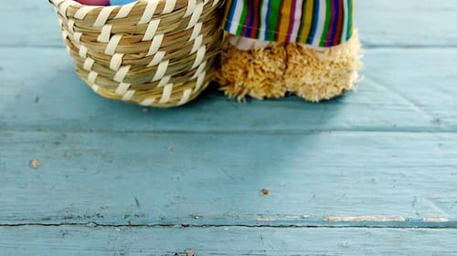 Basket with Easter eggs and toy Easter bunny
