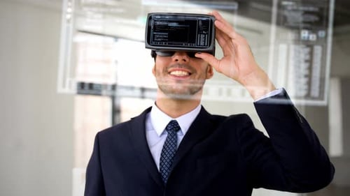 Man Using VR Headset in Modern Workplace