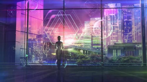 Science-Fiction-Handlung mit Roboter und Infografiken HD
