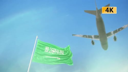 Saudi Arabia Flag Waving with Airplane Flying in Sky 4K