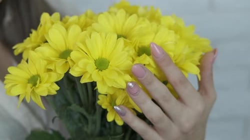 Hand Holds Bouquet of Yellow Flowers Close Up