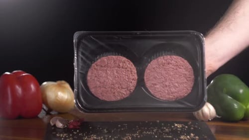 Plant Based Vegan Burger Meat Fake Vegeterian Beef Meat Close Up Fresh Impossible Veggie Food Beyond