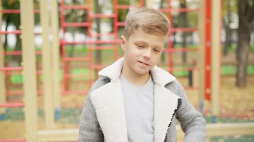 Portrait d'un mignon garçon caucasien aux yeux bruns posant dans un parc d'automne en plein air