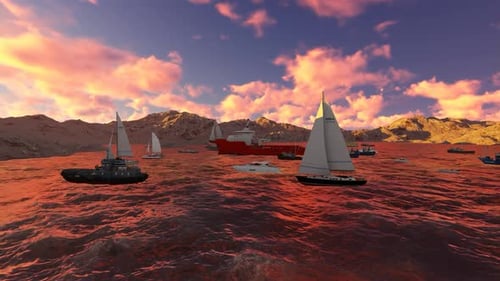 Animated Boats on Ocean with Golden Sunset and Mountains