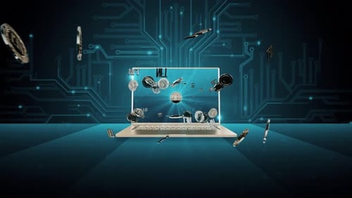 Futuristic NFT Coins Flying Out of Laptop Technology Animation